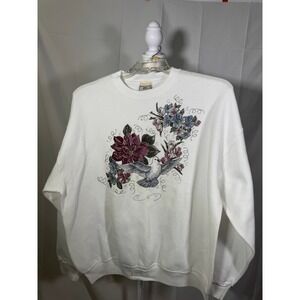 Lee Cotton Blend Sweatshirt Women's XL White Dove Floral Embroidered Crewneck